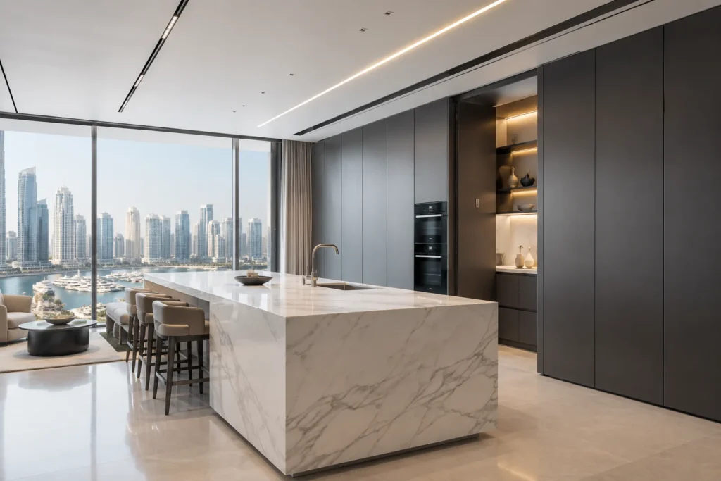 Sleek dark matte invisible kitchen design featuring a white marble island in a luxury Dubai penthouse.