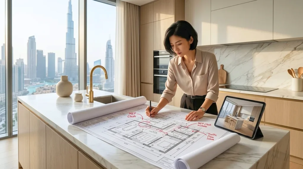 Technical layout design sketch showing how to plan a premium kitchen renovation in Dubai.