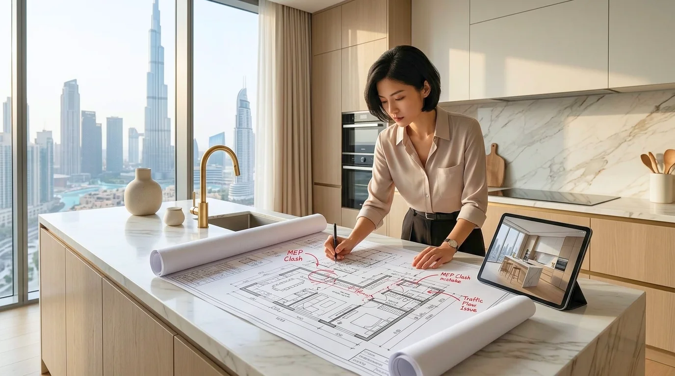 Technical layout design sketch showing how to plan a premium kitchen renovation in Dubai.